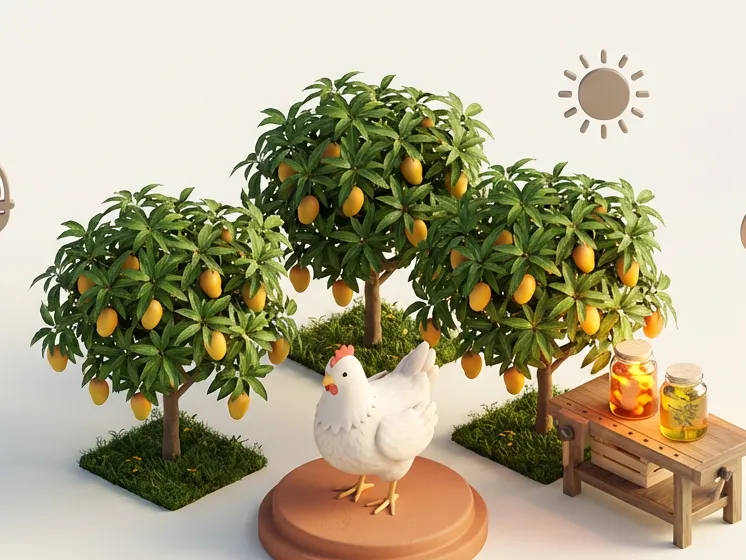 Ilustración: árboles de mango, una gallina y frascos de producto sobre una mesa de madera